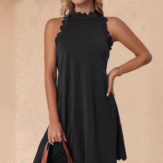 Women’s Mini Dress – A-Line Fit – Sleeveless – Scalloped Hem – Soft Cotton Fabric
