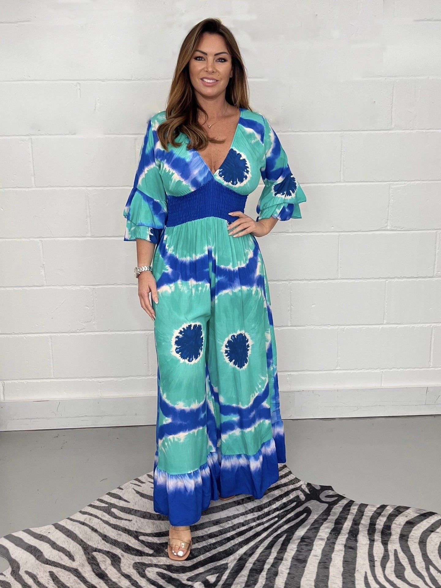 Women’s Jumpsuit – Tie-Dye Print – V-Neck – Bell Sleeves – Flared Leg Relaxed Fit