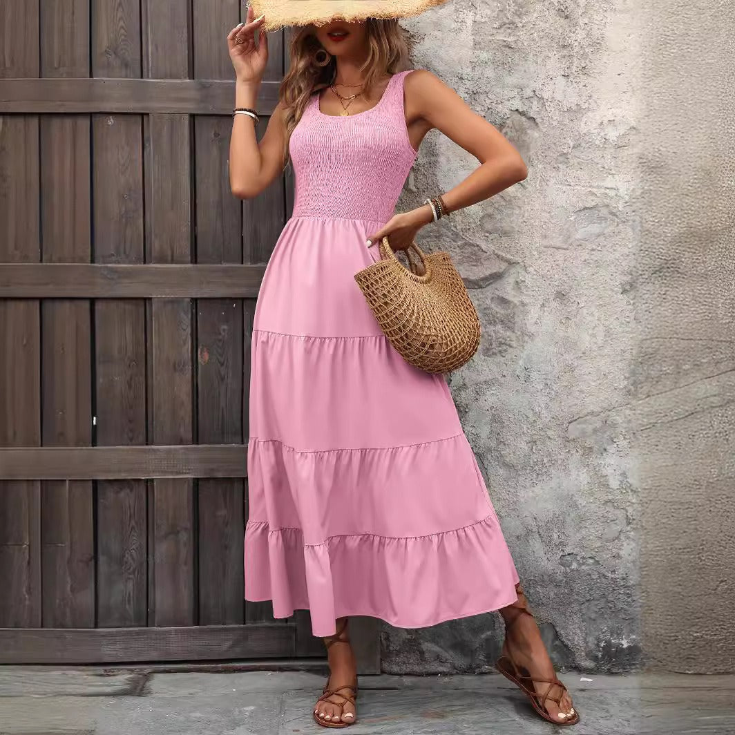 Women’s Midi Dress – A-Line Fit – Smocked Bodice – Tiered Pleated Skirt – Spaghetti Straps