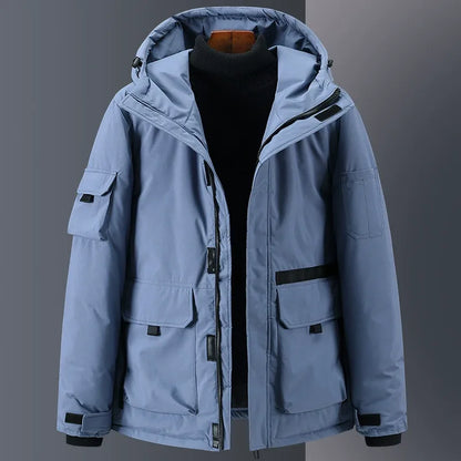 Men's Down Jacket with Hooded Relaxed Fit Insulated and Water Resistant Finish with Utility Pockets