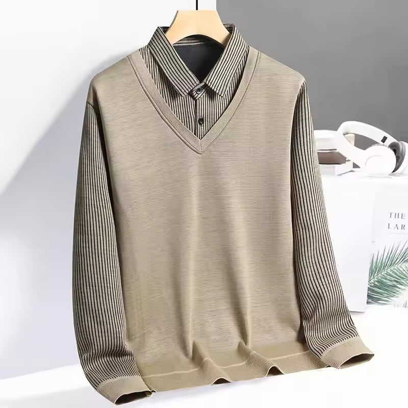 Men's Polo Sweatshirt Knit Fabric Regular Fit V-Neck Layered Look Long Sleeve Pullover