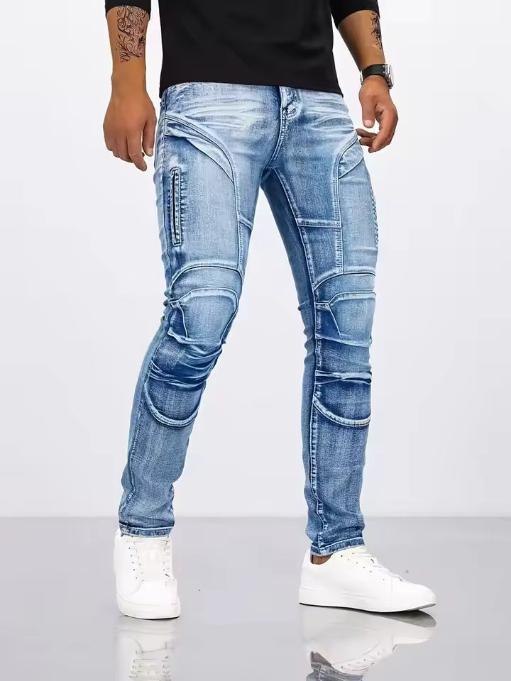 Men's Slim Fit Distressed Denim Jeans With Articulated Knees And Zippered Pocket By TrendAura
