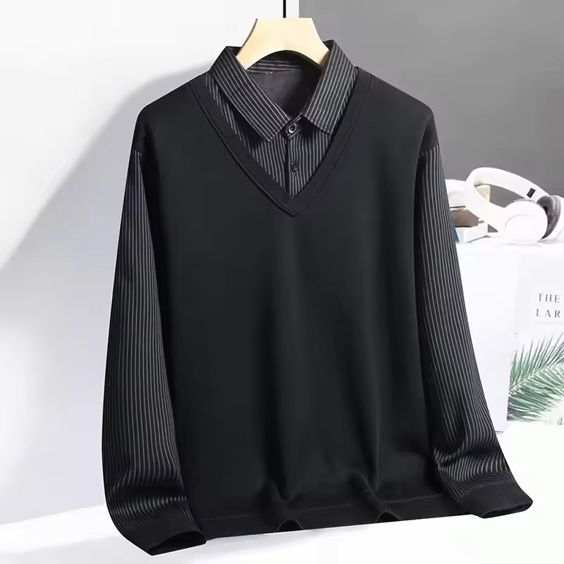Men's Polo Sweatshirt Knit Fabric Regular Fit V-Neck Layered Look Long Sleeve Pullover