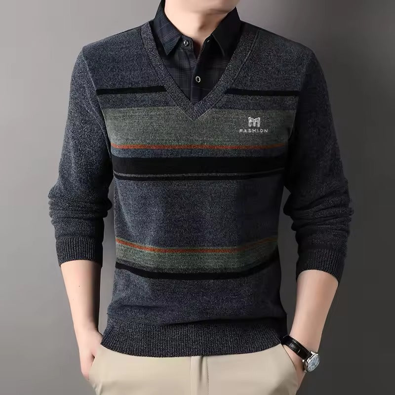 Men's Fleece Blend Pullover Sweater Regular Fit Crew Neck Striped Knit Hem Cozy Winter Essential