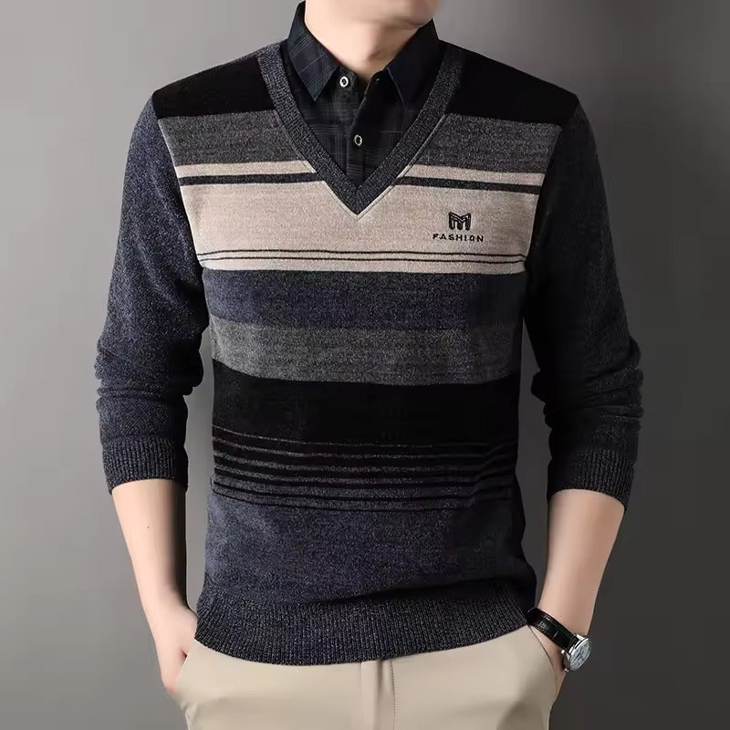 Men's Fleece Blend Pullover Sweater Regular Fit Crew Neck Striped Knit Hem Cozy Winter Essential