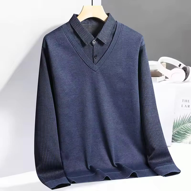 Men's Polo Sweatshirt Knit Fabric Regular Fit V-Neck Layered Look Long Sleeve Pullover
