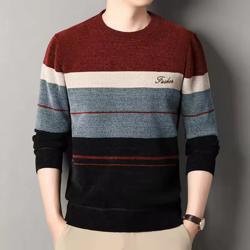 Nordisk Flair Mens Wool Blend Pullover Sweater With Crew Neck Striped Design Regular Fit Fall Casual