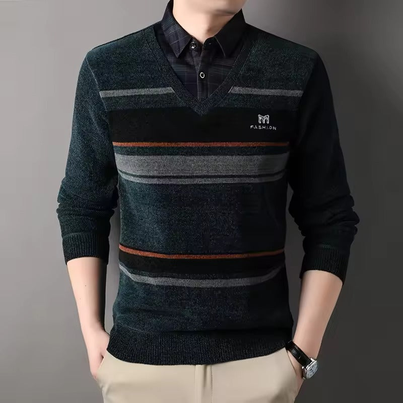 Men's Fleece Blend Pullover Sweater Regular Fit Crew Neck Striped Knit Hem Cozy Winter Essential