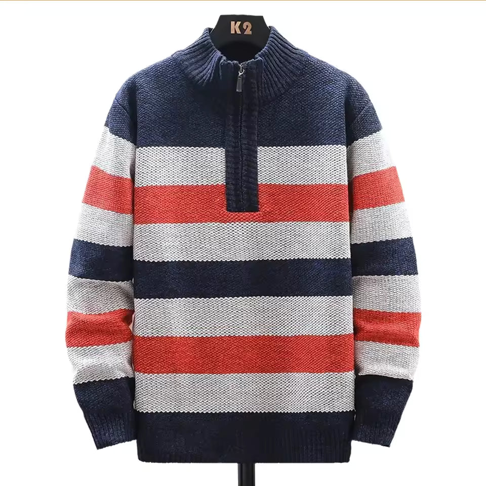 Men's Fleece Lined Wool Knit Pullover with Quarter Zip Relaxed Fit Ribbed Sweater