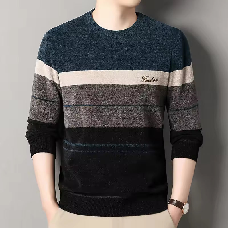 Nordisk Flair Mens Wool Blend Pullover Sweater With Crew Neck Striped Design Regular Fit Fall Casual