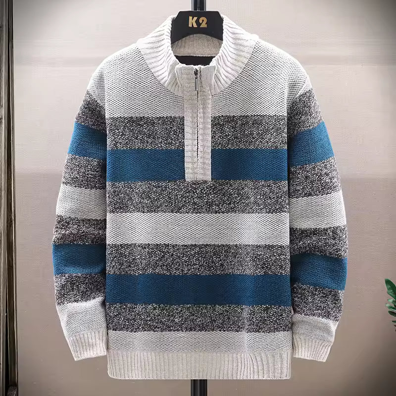 Men's Fleece Lined Wool Knit Pullover with Quarter Zip Relaxed Fit Ribbed Sweater