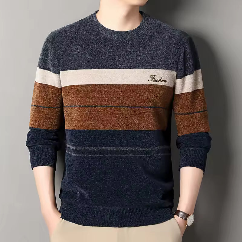 Nordisk Flair Mens Wool Blend Pullover Sweater With Crew Neck Striped Design Regular Fit Fall Casual