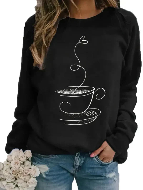 Women’s Sweatshirt – Relaxed Fit – Cotton Blend – Crew Neck – Coffee Cup Graphic Print
