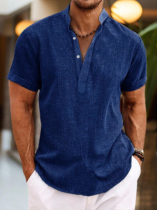 Silas Linen Shirt for Men - Breathable Summer Shirt with Henley Collar and Short Sleeves