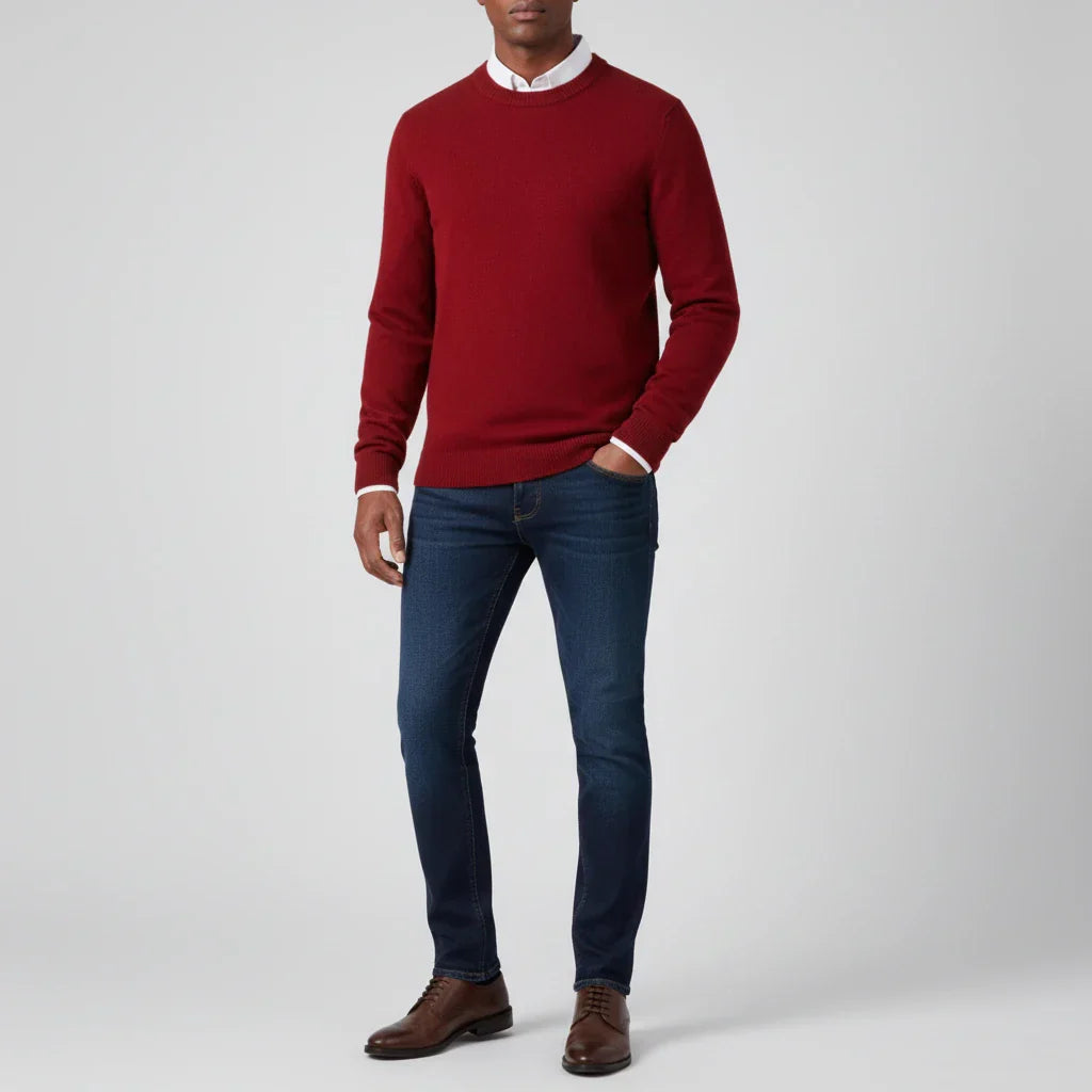 Men's Light Blue Crew Neck Knit Sweater Regular Fit With Ribbed Cuffs Timeless Wardrobe Essential
