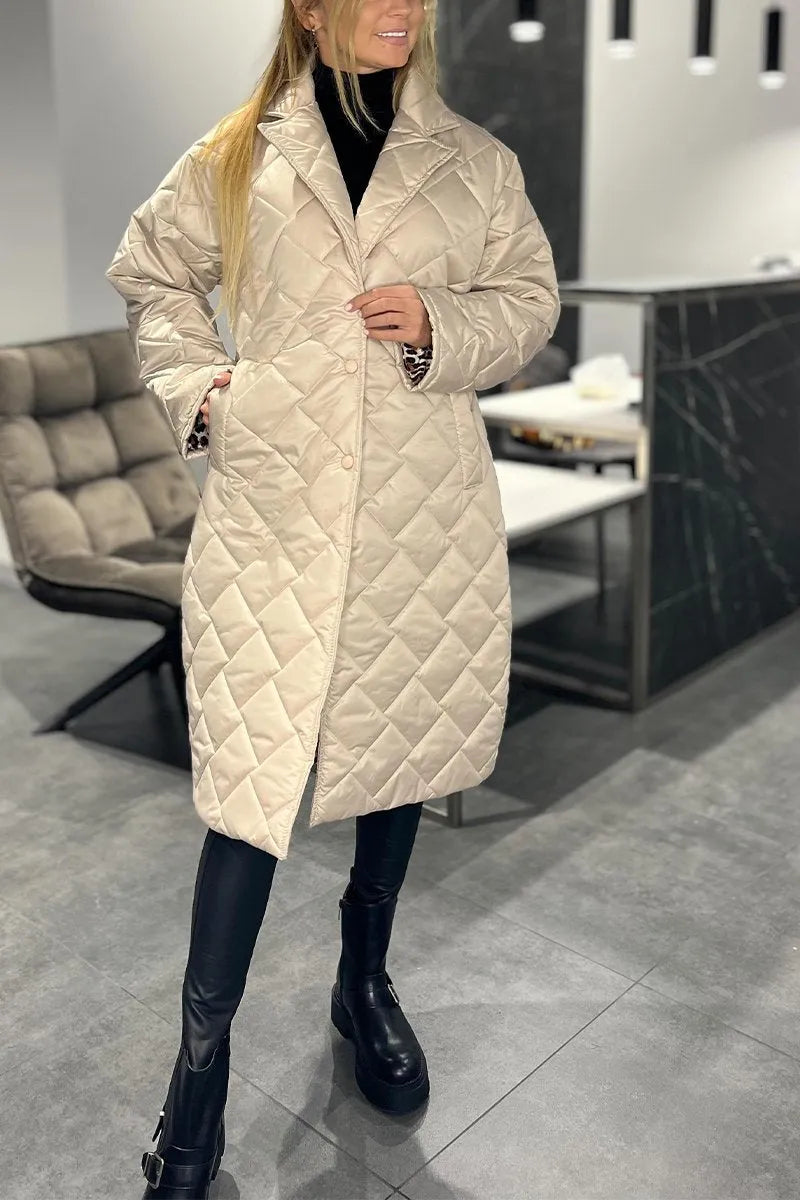 Margaret Quilted Longline Coat For Women With Elegant Silhouette And Leopard Print Lining