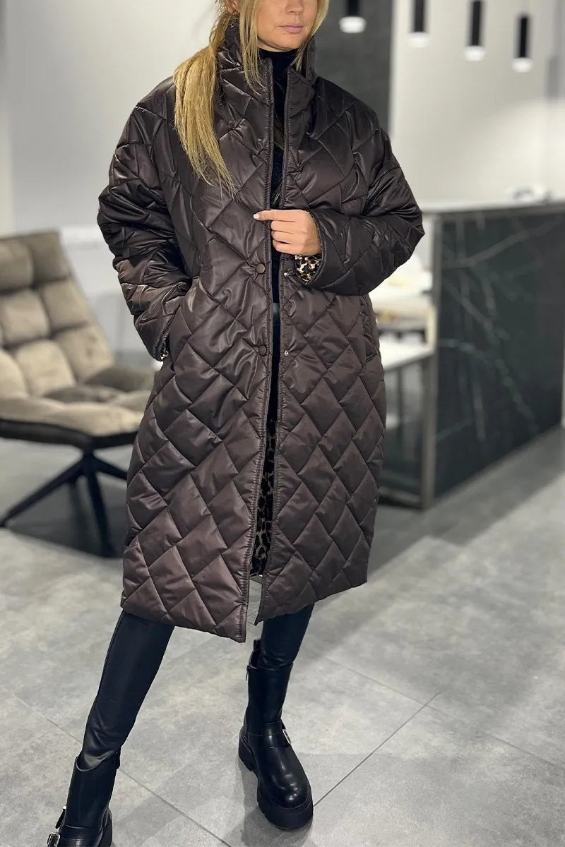 Margaret Quilted Longline Coat For Women With Elegant Silhouette And Leopard Print Lining