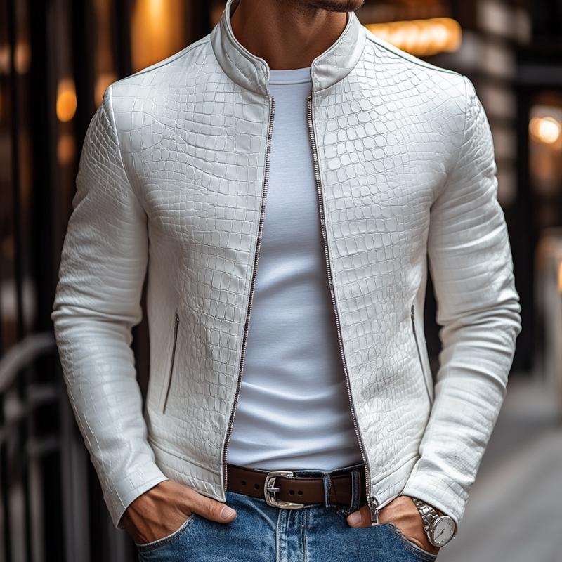 Oroni Leather Jacket For Men Stand Up Collar Rugged Zipper Embossed Texture Premium Style