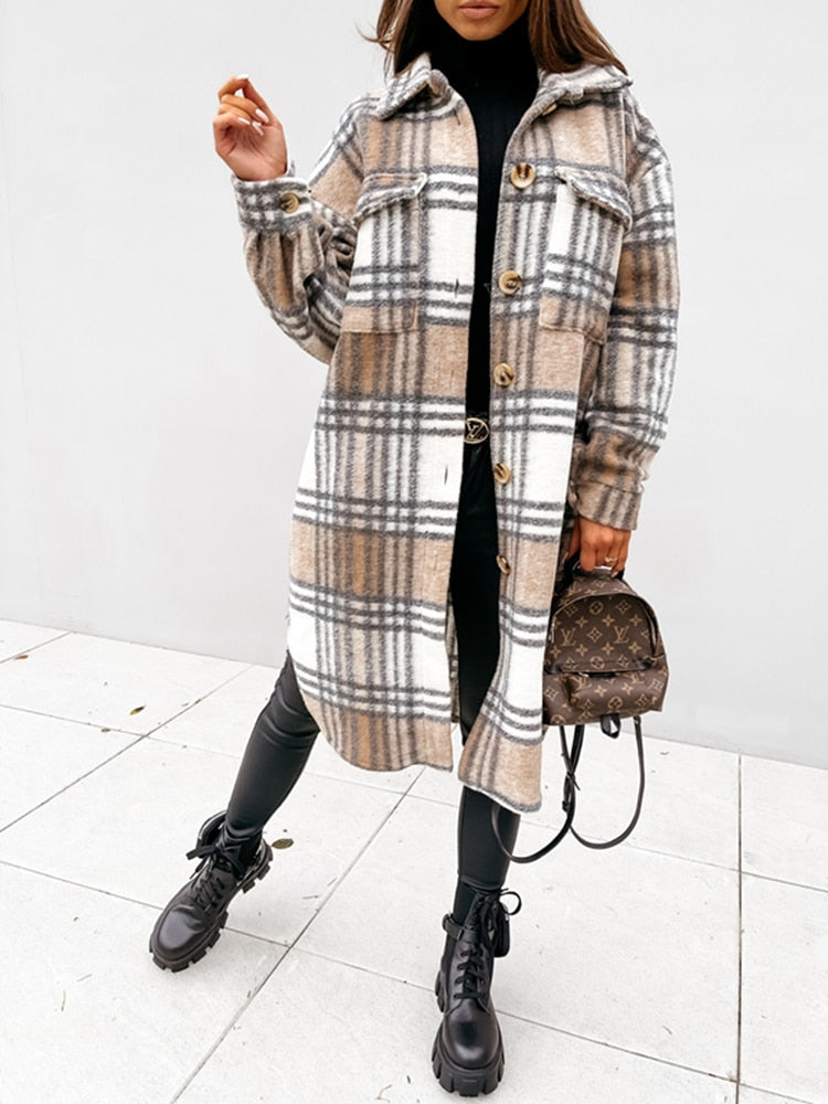 Women's Checked Shirt Coat | Long
