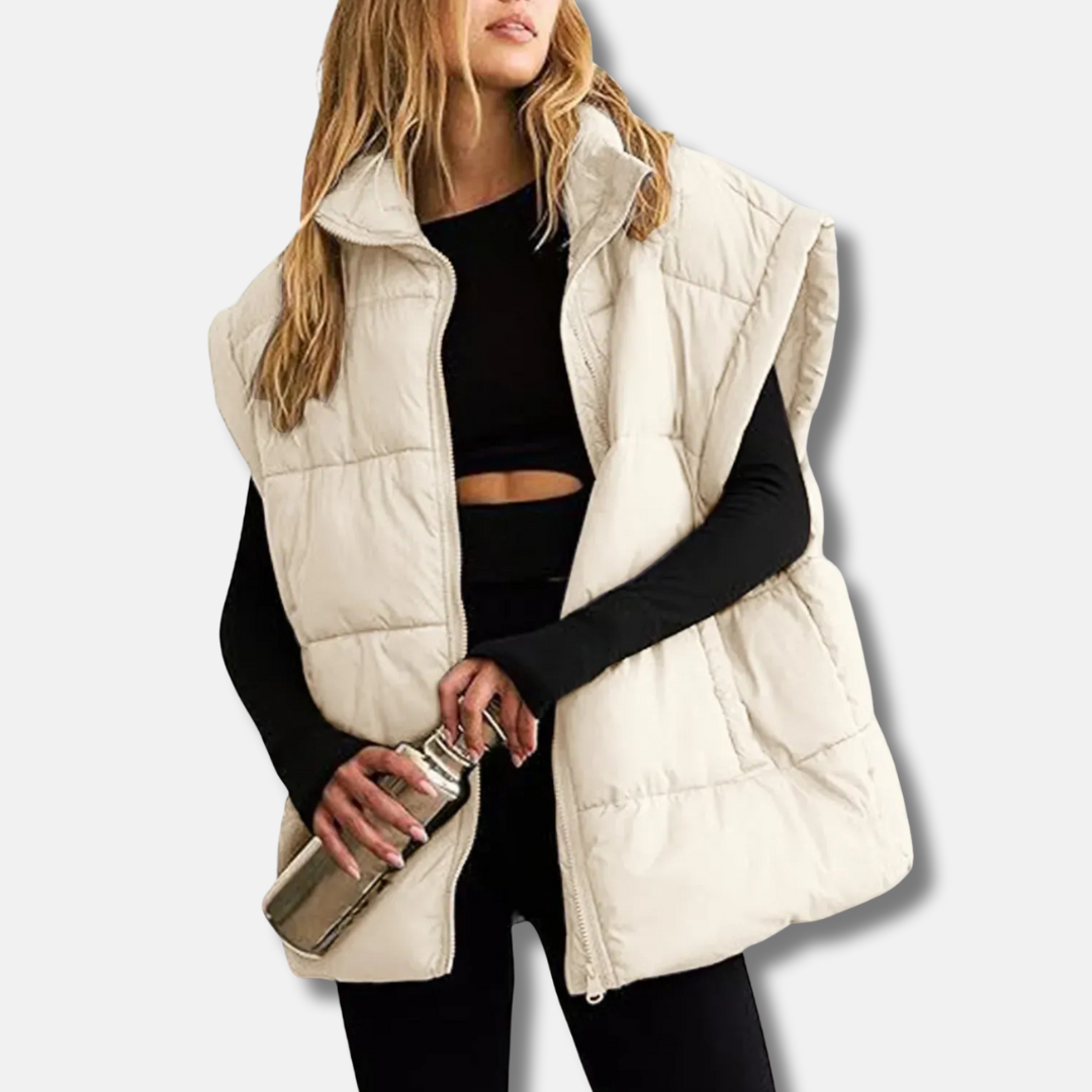 Women’s Puffer Vest - Quilted Fabric - Stand Collar - Hip Length