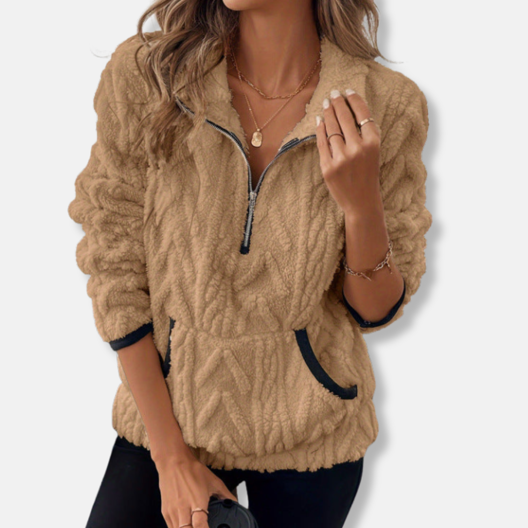 Women’s Pullover Sweatshirt - Fleece - Stand Collar - Half-Zip - Kangaroo Pocket