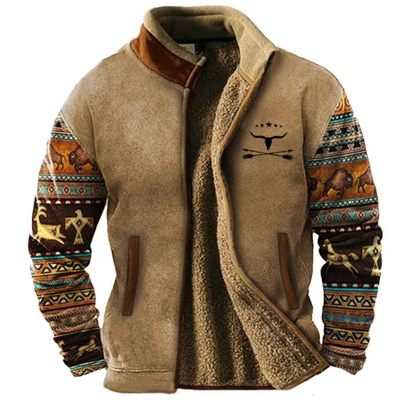 Mens Western Aztec Fleece Jacket With Plush Sherpa Lining For Outdoor Comfort And Style