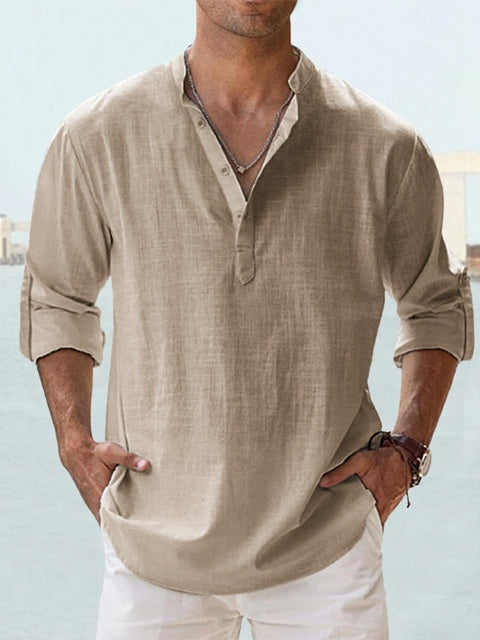 Hugo Linen Shirt for Men Mandarin Collar Casual Lightweight Long Sleeve Relaxed Fit Breathable Top
