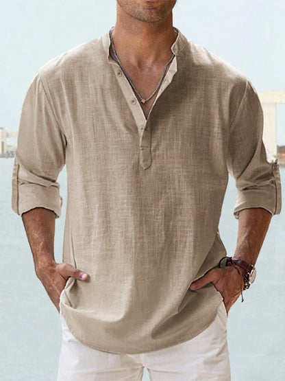 Hugo Linen Shirt for Men Mandarin Collar Casual Lightweight Long Sleeve Relaxed Fit Breathable Top
