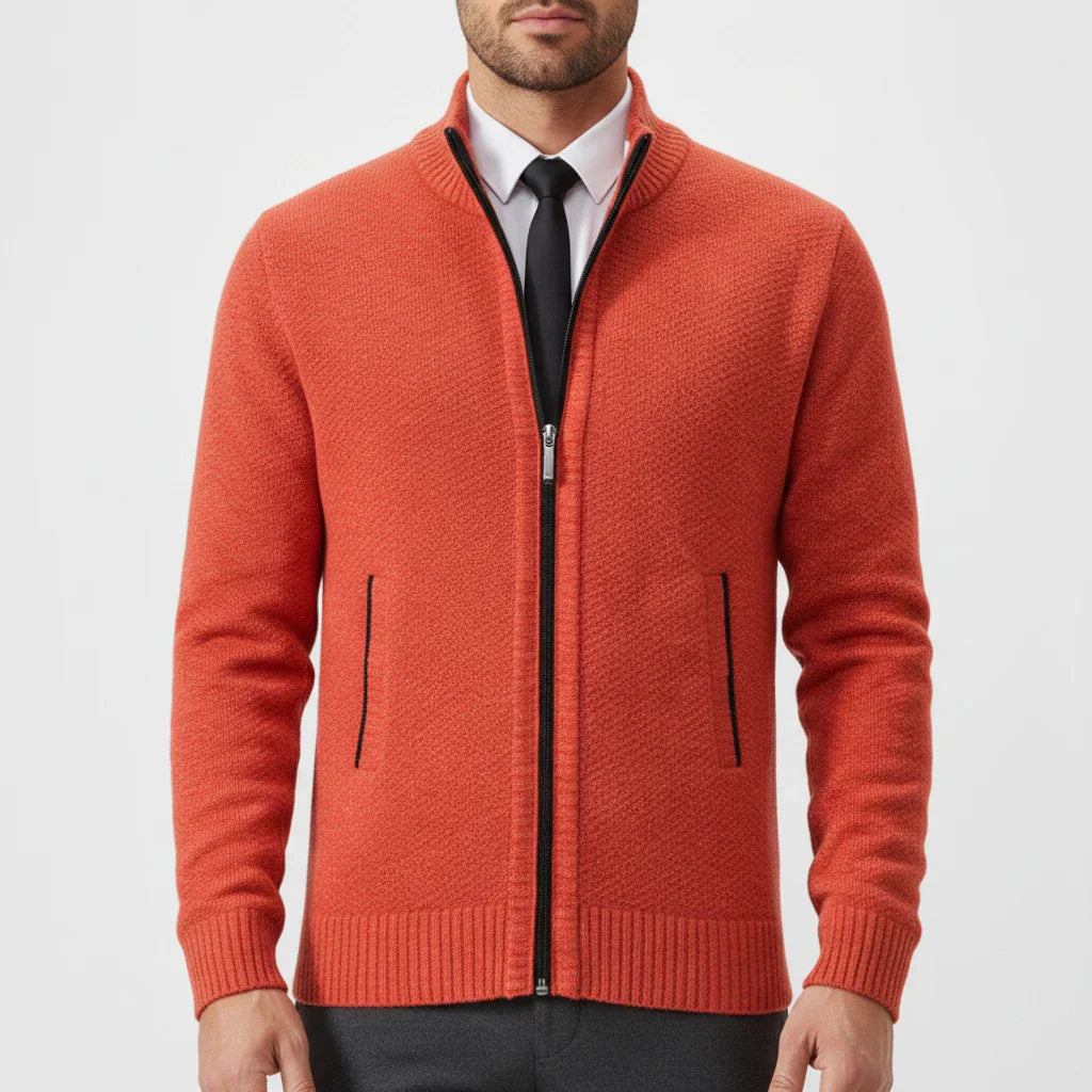 Men Zip Up Sweater With Stand Collar For Easy Layering And Timeless Style Ideal For Office Or Weekend Wear