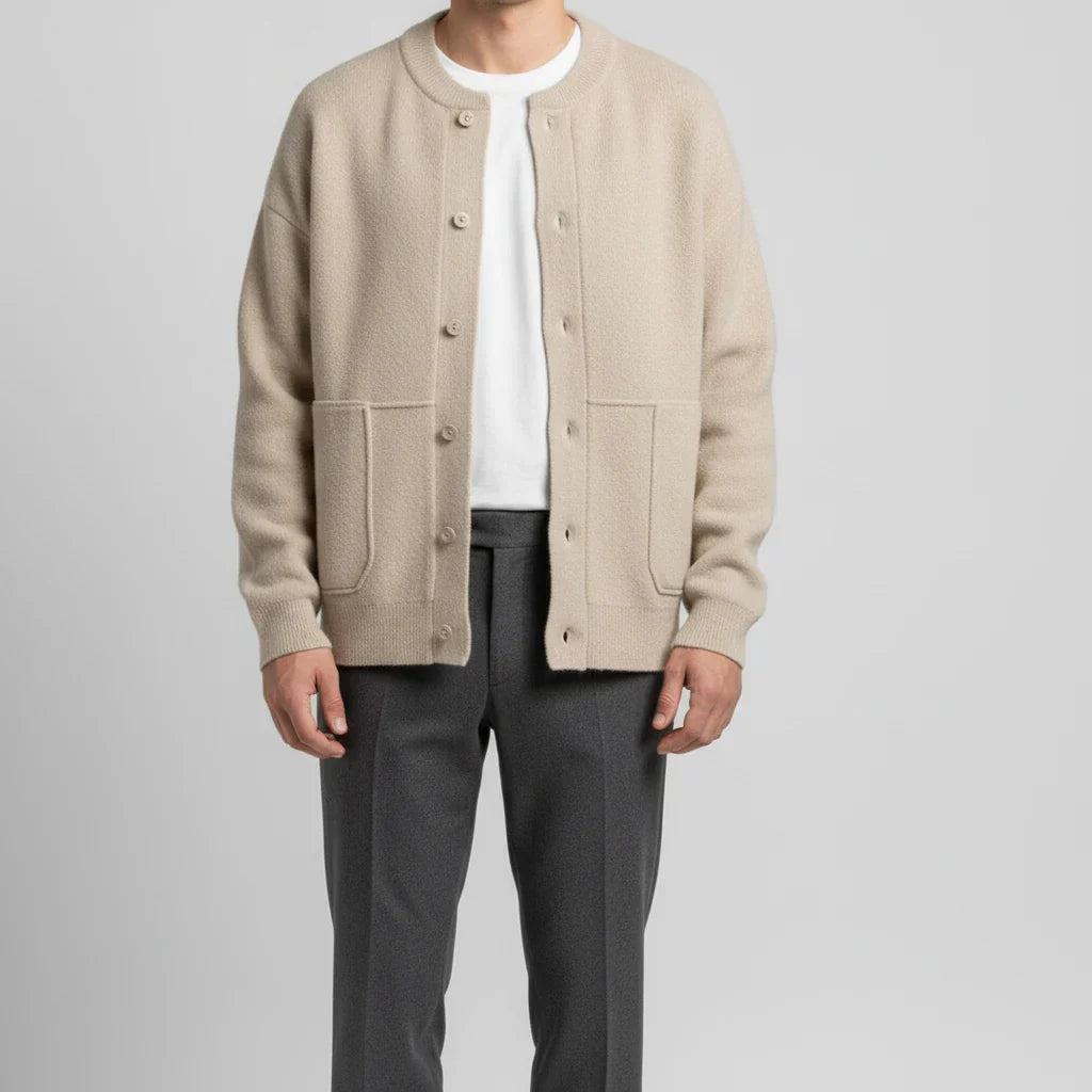 Olive Green Button Front Cardigan For Men With Patch Pockets And Ribbed Trim Casual Knitwear For Layering