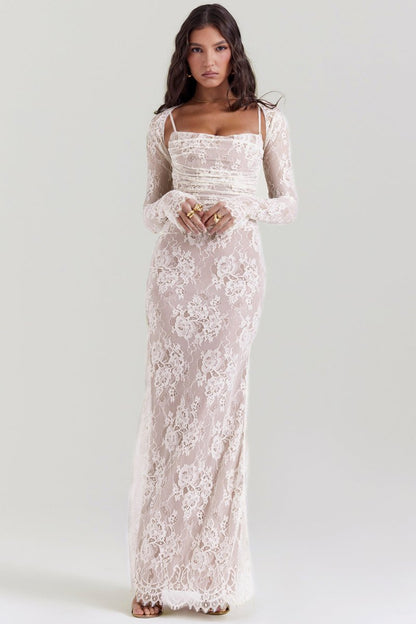 Women's Lace Dress - Elegant Corset-Design - Long-Sleeved - Fitted Evening Dress