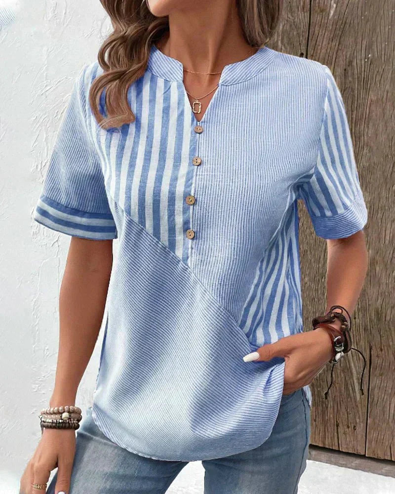 Women's Striped Blouse with Short Sleeves and Lightweight Fabric