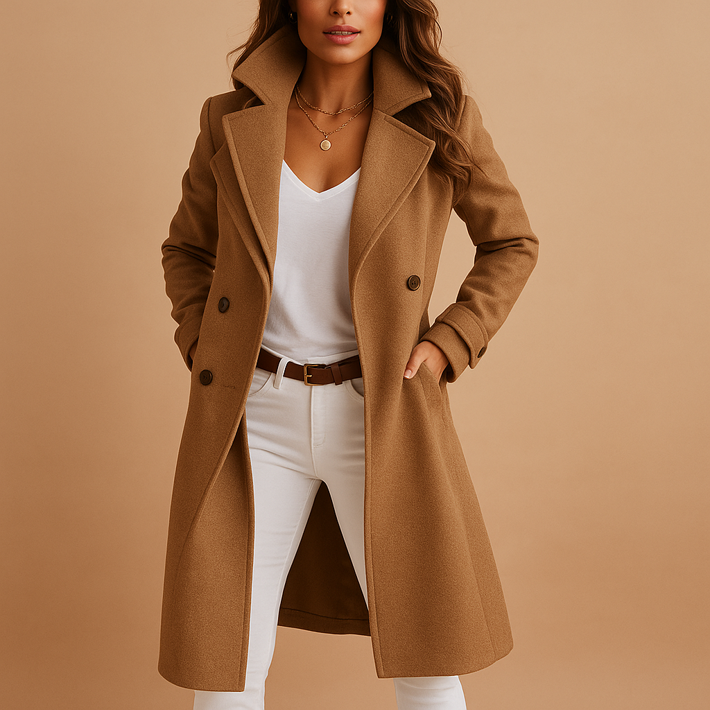 Womens Long Coat With Tailored Fit Button Closure Classic Collar Timeless Elegant Outerwear For Professional Women