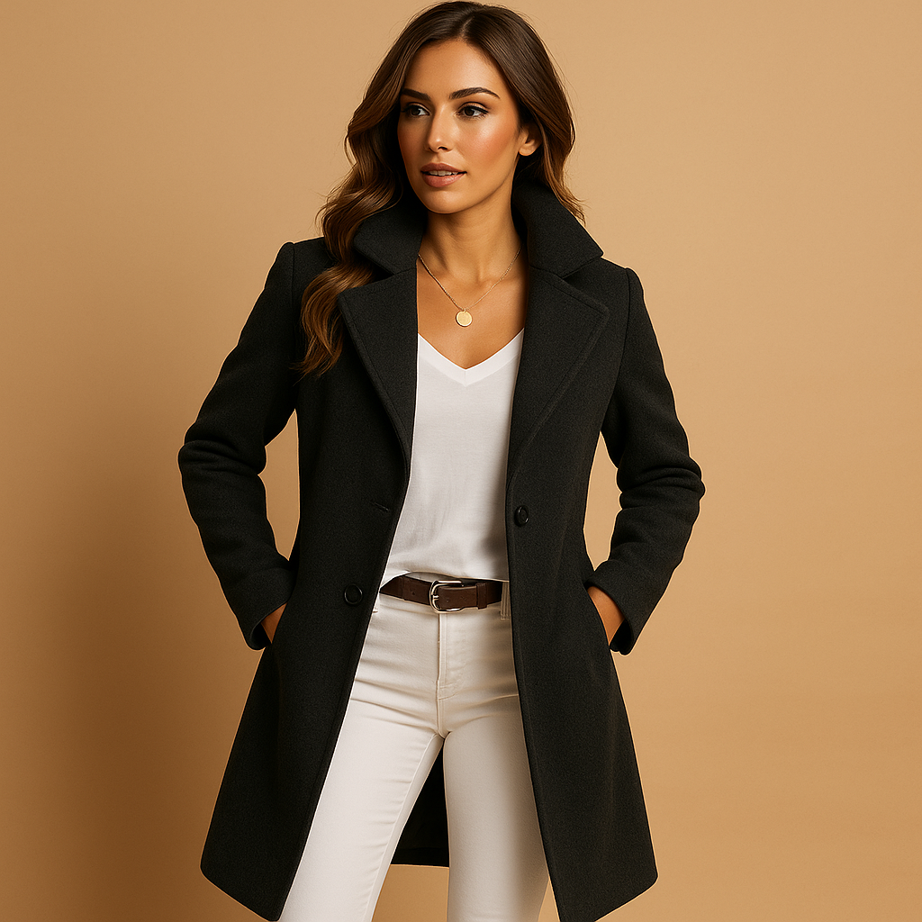 Womens Long Coat With Tailored Fit Button Closure Classic Collar Timeless Elegant Outerwear For Professional Women