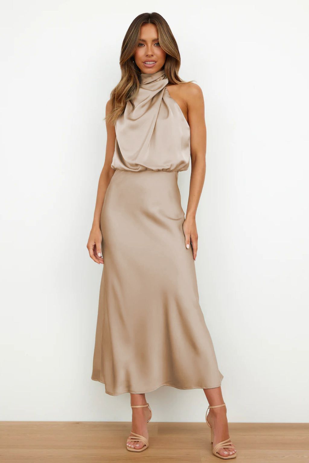 Satin Long Dress | Sage Green | Elegant Draped Collar