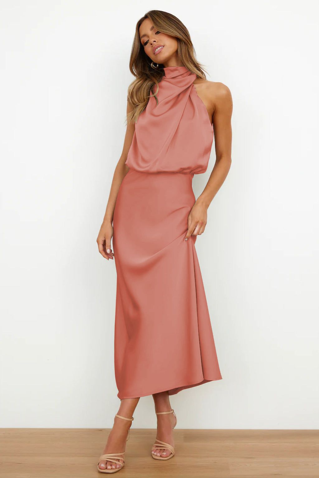 Satin Long Dress | Sage Green | Elegant Draped Collar