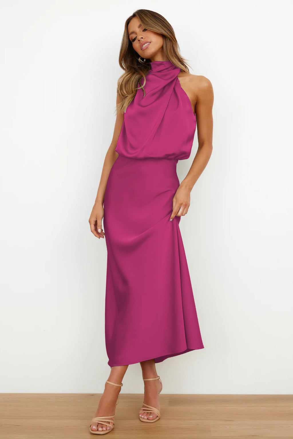 Satin Long Dress | Sage Green | Elegant Draped Collar