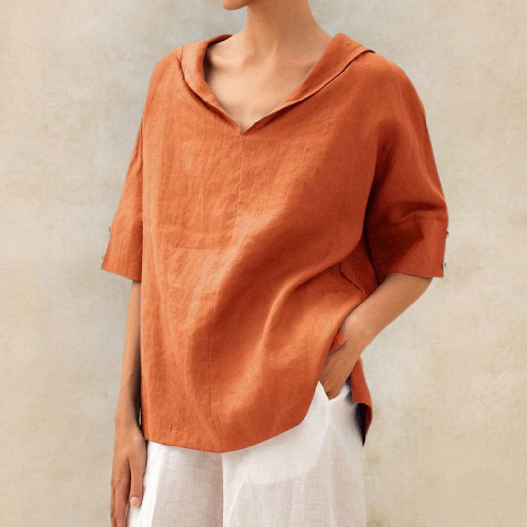 Casual linen V-neck shirt for women - Relaxed fit blouse for everyday elegance