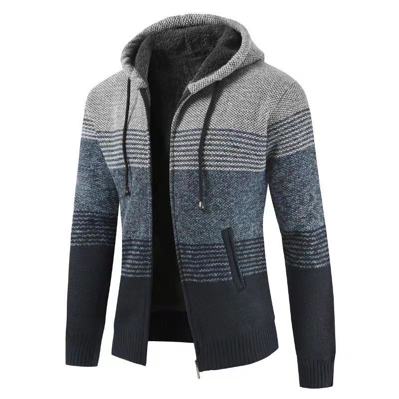 Mens Knitted Hoodie Zip Up Jacket With Striped Pattern Cozy Casual Cardigan For Everyday Wear