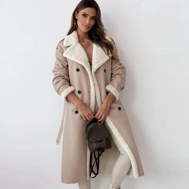 Women's Long Shearling Leather Coat – Relaxed Fit – Double Breasted – Wide Lapels