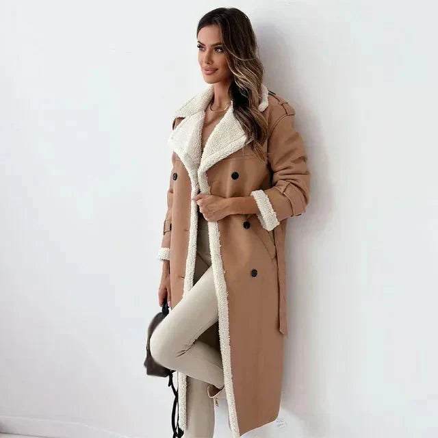 Women's Long Shearling Leather Coat – Relaxed Fit – Double Breasted – Wide Lapels