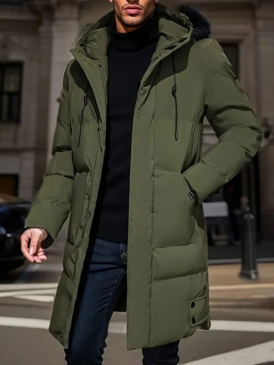 Long Winter Puffer Coat For Men With Hood Zip Closure Extended Length Layering And Daily Warmth