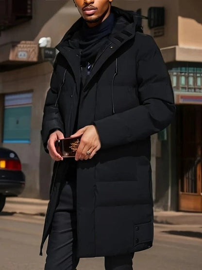 Long Winter Puffer Coat For Men With Hood Zip Closure Extended Length Layering And Daily Warmth