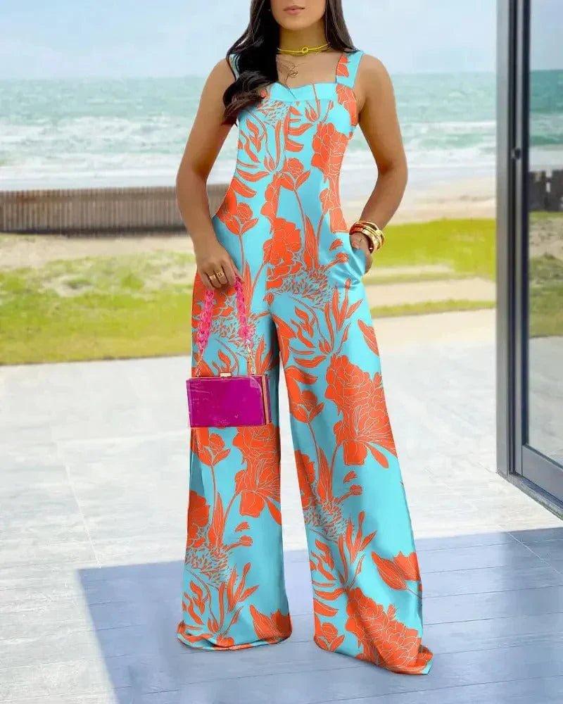 Women’s Jumpsuit – Geometric Print – Square Neck – Sleeveless – Wide Leg Fit