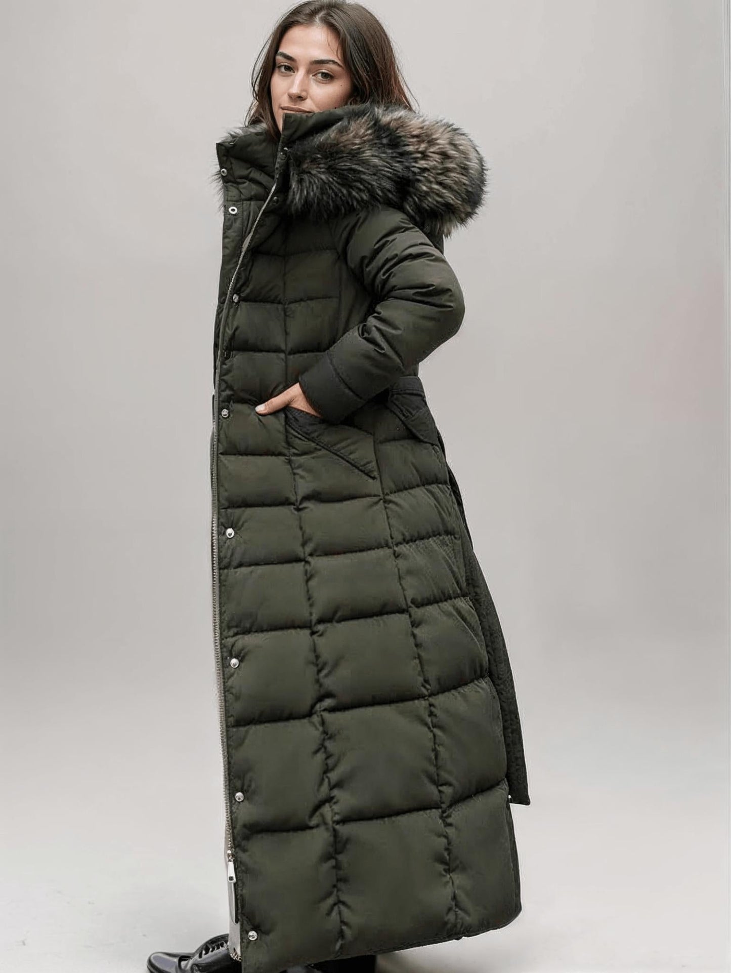 Women's Winter Long Puffer Jacket | Hood with Belt