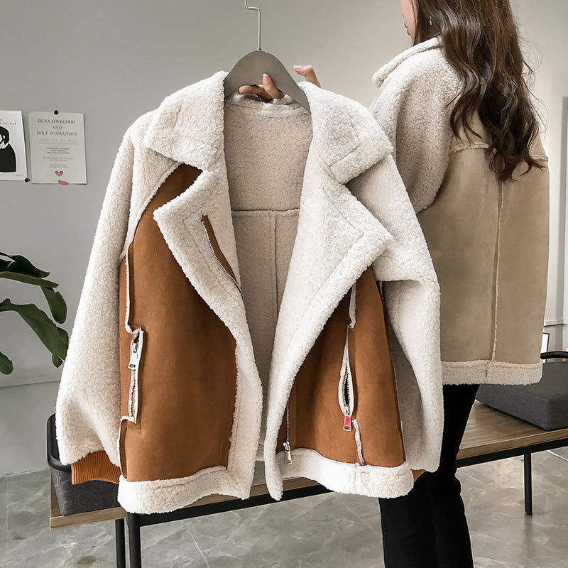 Women's Shearling Jacket - Oversized Fit - Suede Look - Zipper Closure - Warm and Stylish