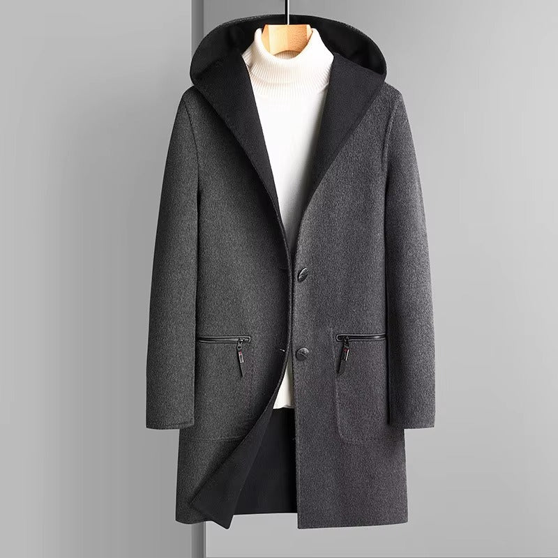 Men's Reversible Wool Blend Hooded Trench Coat Two Looks in One Versatile Winter Outerwear