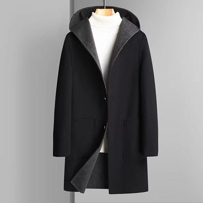 Men's Reversible Wool Blend Hooded Trench Coat Two Looks in One Versatile Winter Outerwear