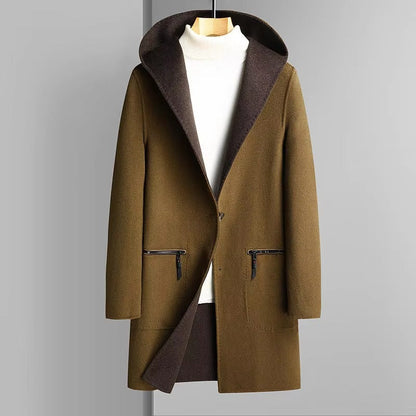 Men's Reversible Wool Blend Hooded Trench Coat Two Looks in One Versatile Winter Outerwear
