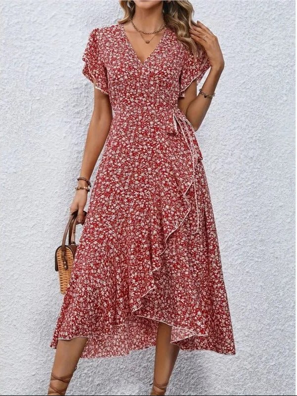 Margarethe Floral Wrap Dress For Women With V Neck, High Waist, Effortless Airy A Line Silhouette, Beach Ready